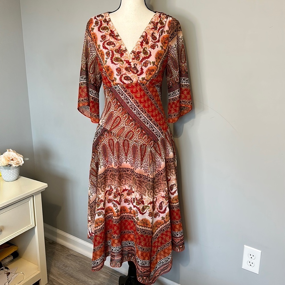 Westport 1962 Boho Gypsy Indian Metallic Thread Summer Spring Short Sleeve Dress